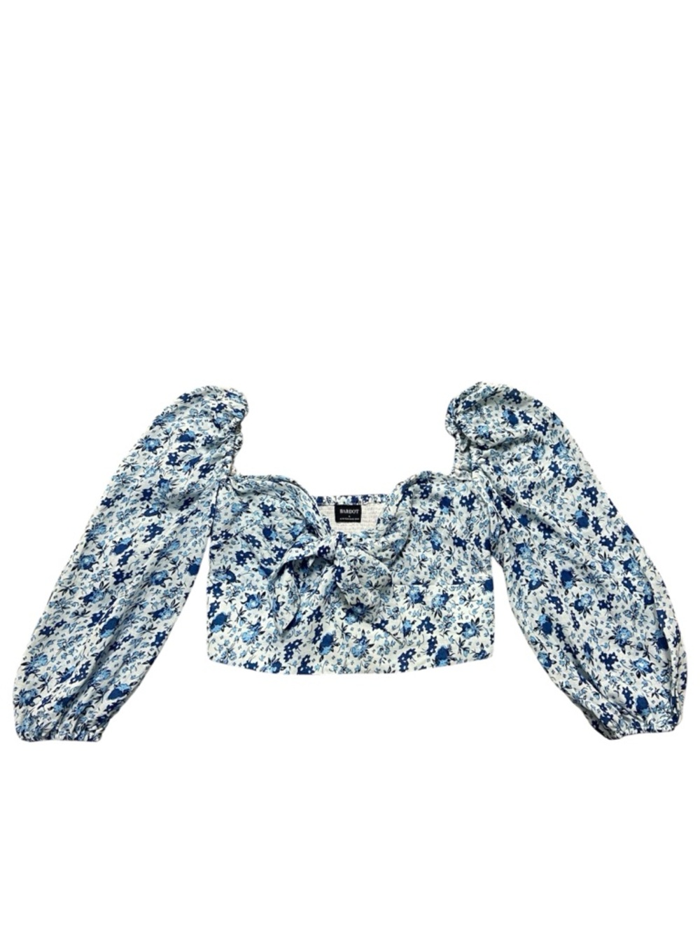 Bardot Rebolve cotton blouse blue floral y2K cropped puff sleeves XL - Picture 5 of 10